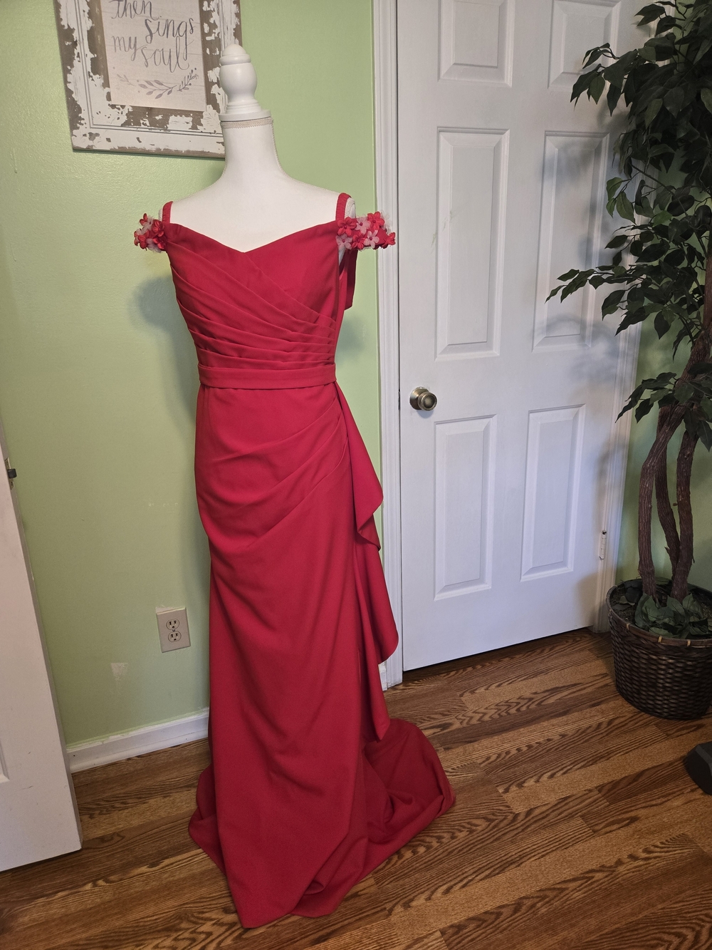 Custom Made Off-Shoulder Red Bridal/Evening Gown with Floral Straps Sz XXS/XS